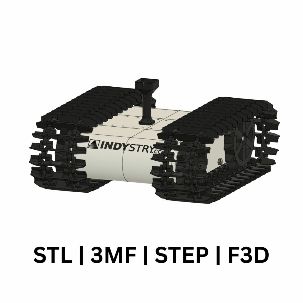 Main product image for Trackbot digital files, featuring a 3D CAD render of the modular tracked robot and supported formats: STL, 3MF, STEP, and F3D.
