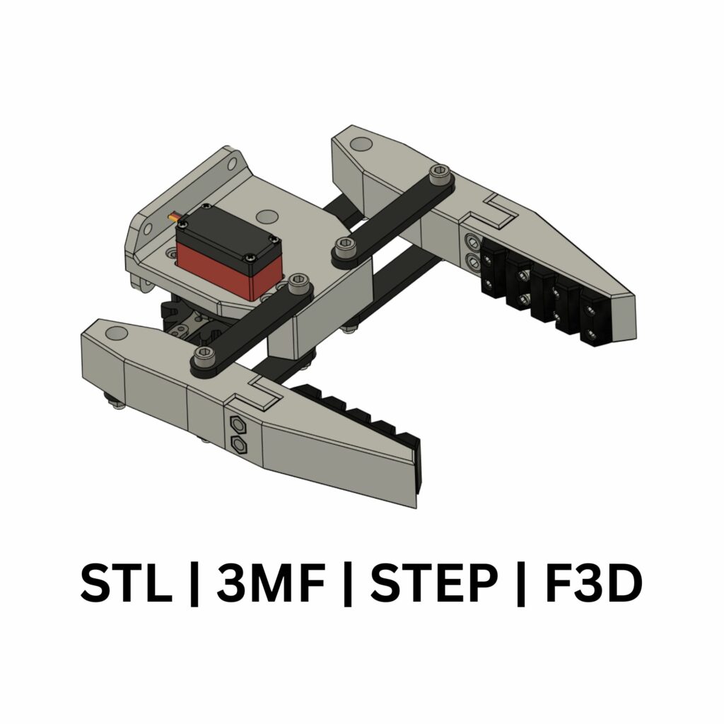3D CAD render of a parallel robotics gripper powered by a digital servo, including high-friction jaw pads and supported file formats: STL, 3MF, STEP, and F3D.