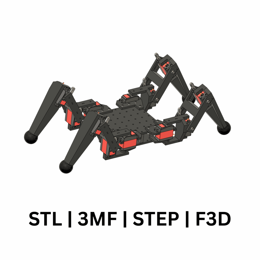 Main cover image for the SPDRBOT design files, featuring a 3D CAD render and supported file formats: STL, 3MF, STEP, and Fusion 360 (F3D).